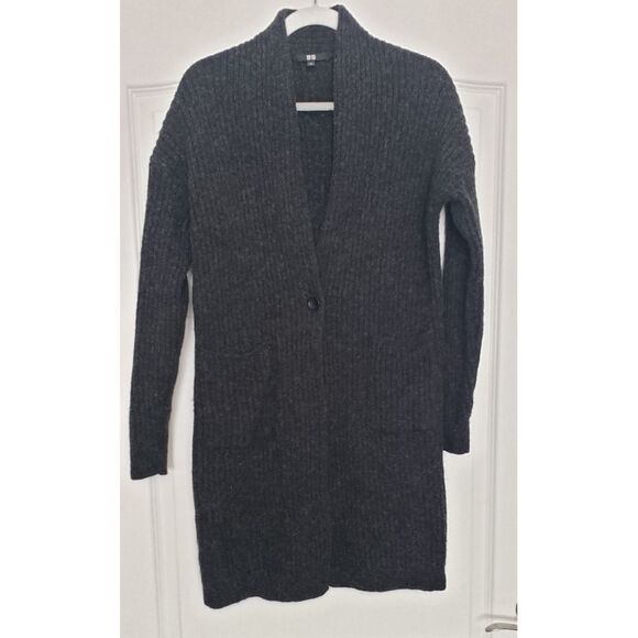 UNIQLO 100% Wool Long 1 Button Cardigan Sweater Sz S‎ Chunky Ribbed Fisherman - Picture 1 of 6
